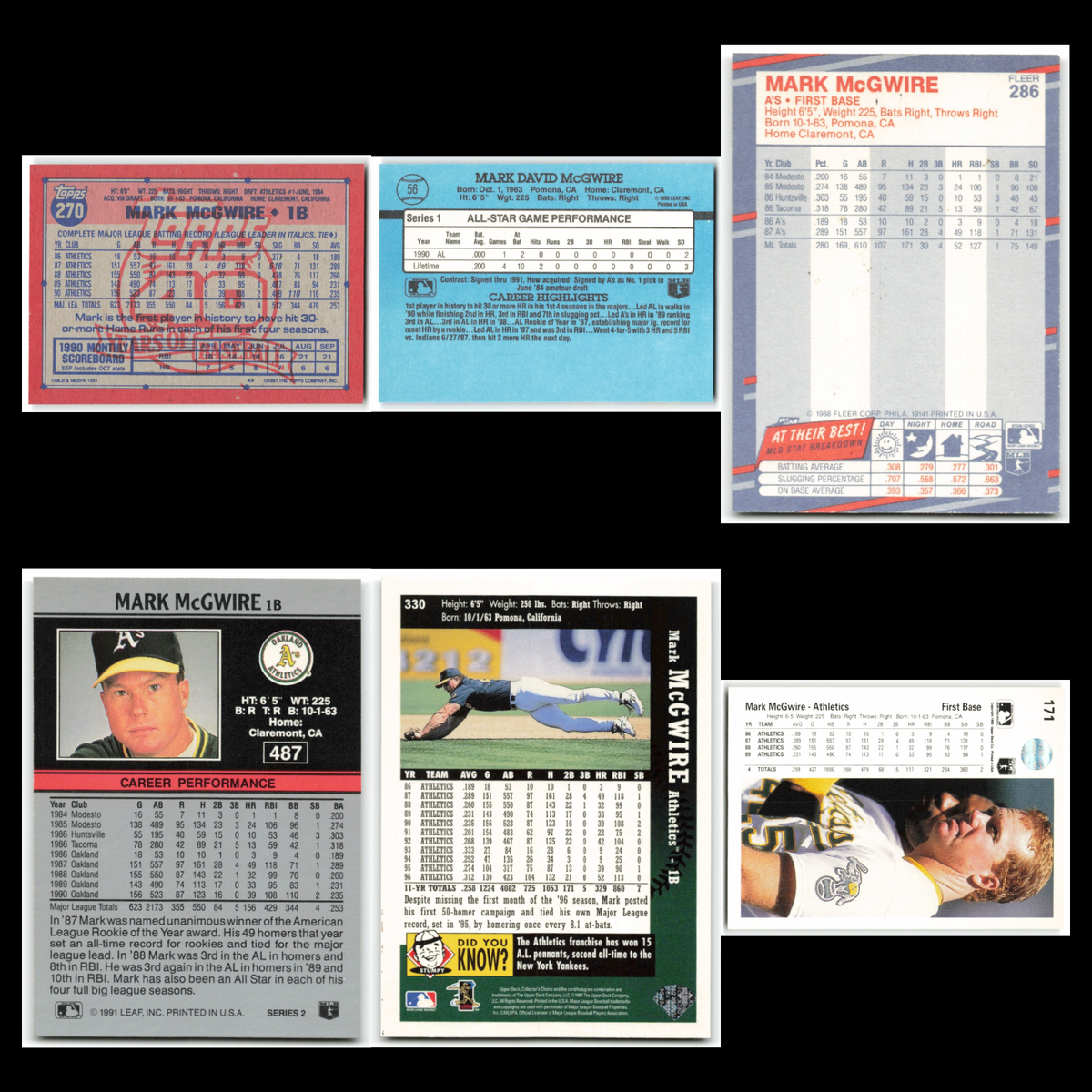 Mark McGwire Lot 6 Baseball Cards Topps Oakland Athletics Set Collection NM