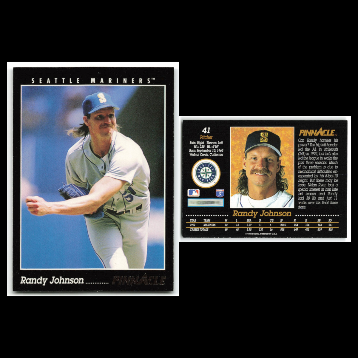 Randy Johnson Lot 6 Baseball Cards 1993 Pinnacle Seattle Mariners Set Collection