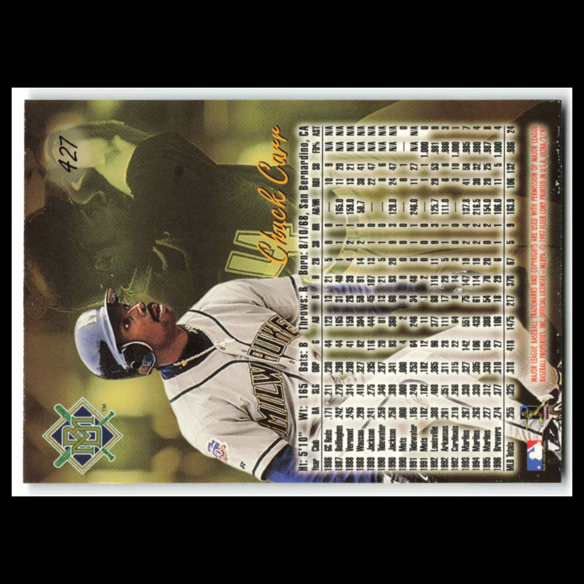 Chuck Carr #427 1997 Fleer Ultra Milwaukee Brewers Baseball Card MLB NM