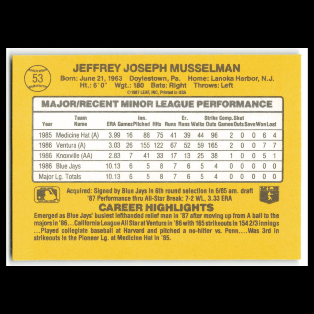 Jeff Musselman Rookie #53 1987 Donruss The Rookies Toronto Blue Jays Baseball NM
