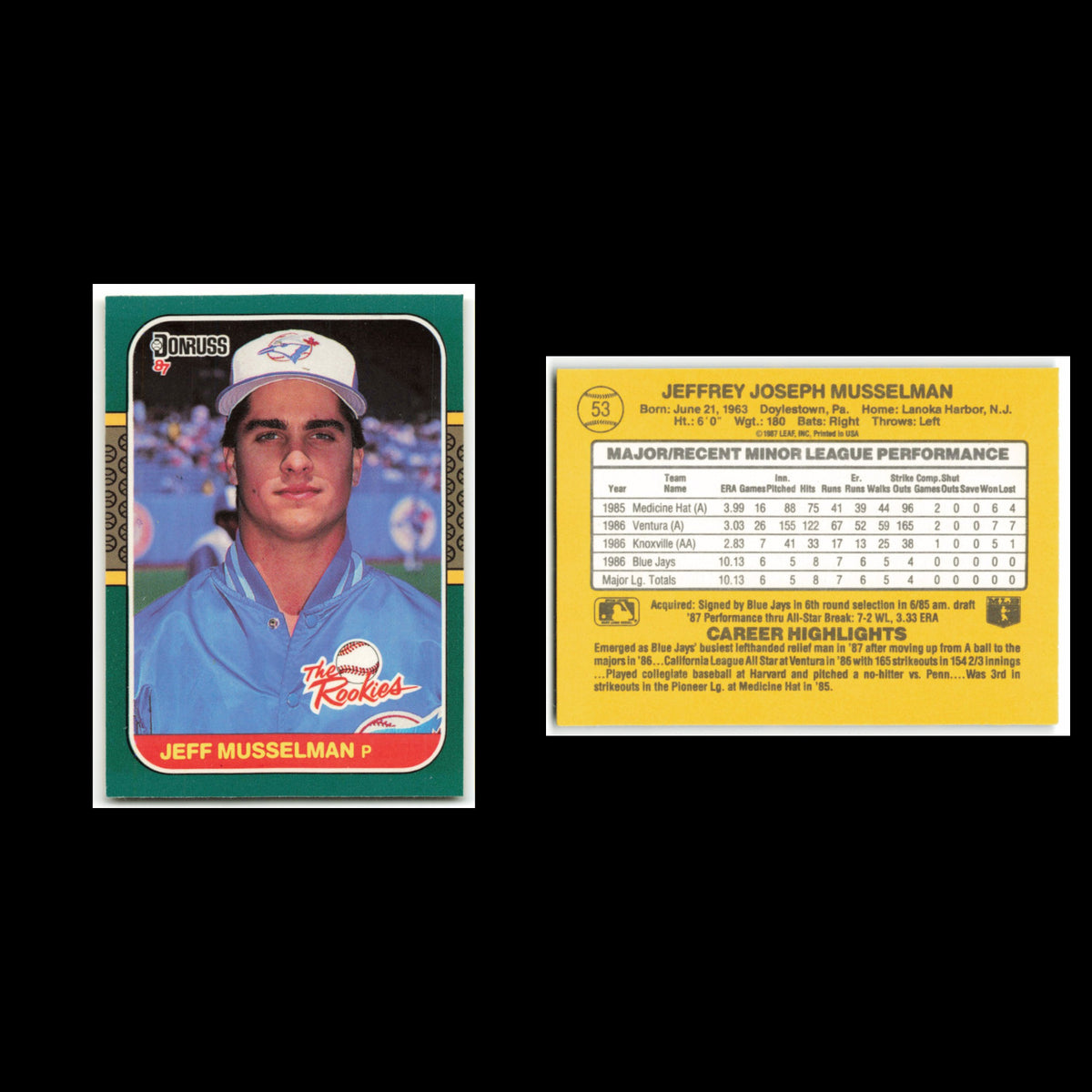 Jeff Musselman Rookie #53 1987 Donruss The Rookies Toronto Blue Jays Baseball NM