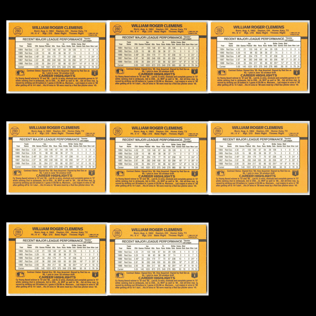 Roger Clemens Lot 8 Baseball Cards 1989 Donruss Boston Red Sox Set Collection NM