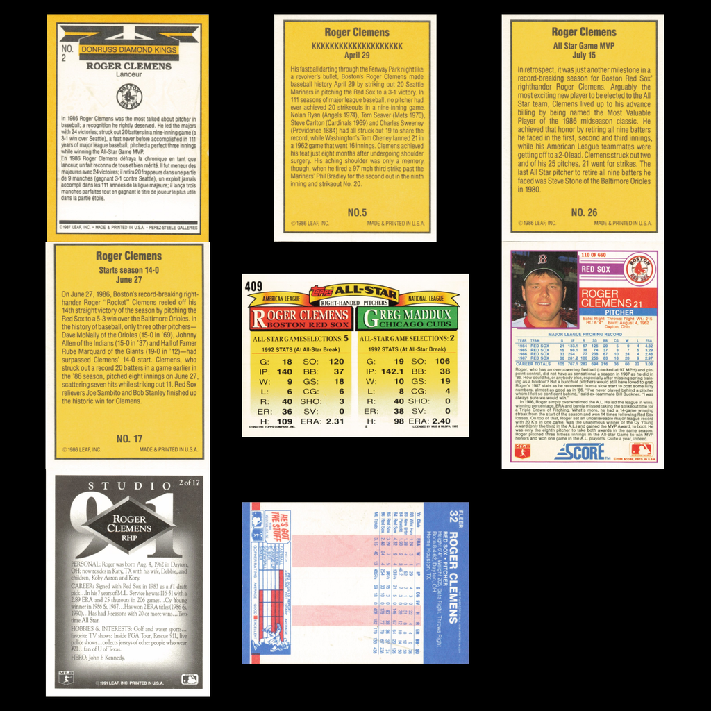 Roger Clemens Lot 8 Baseball Cards 1987 Donruss Boston Red Sox Set Collection NM