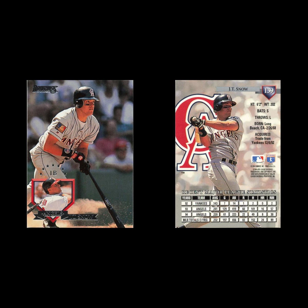 J.T. Snow #139 1995 Donruss California Angels Baseball Card MLB NM