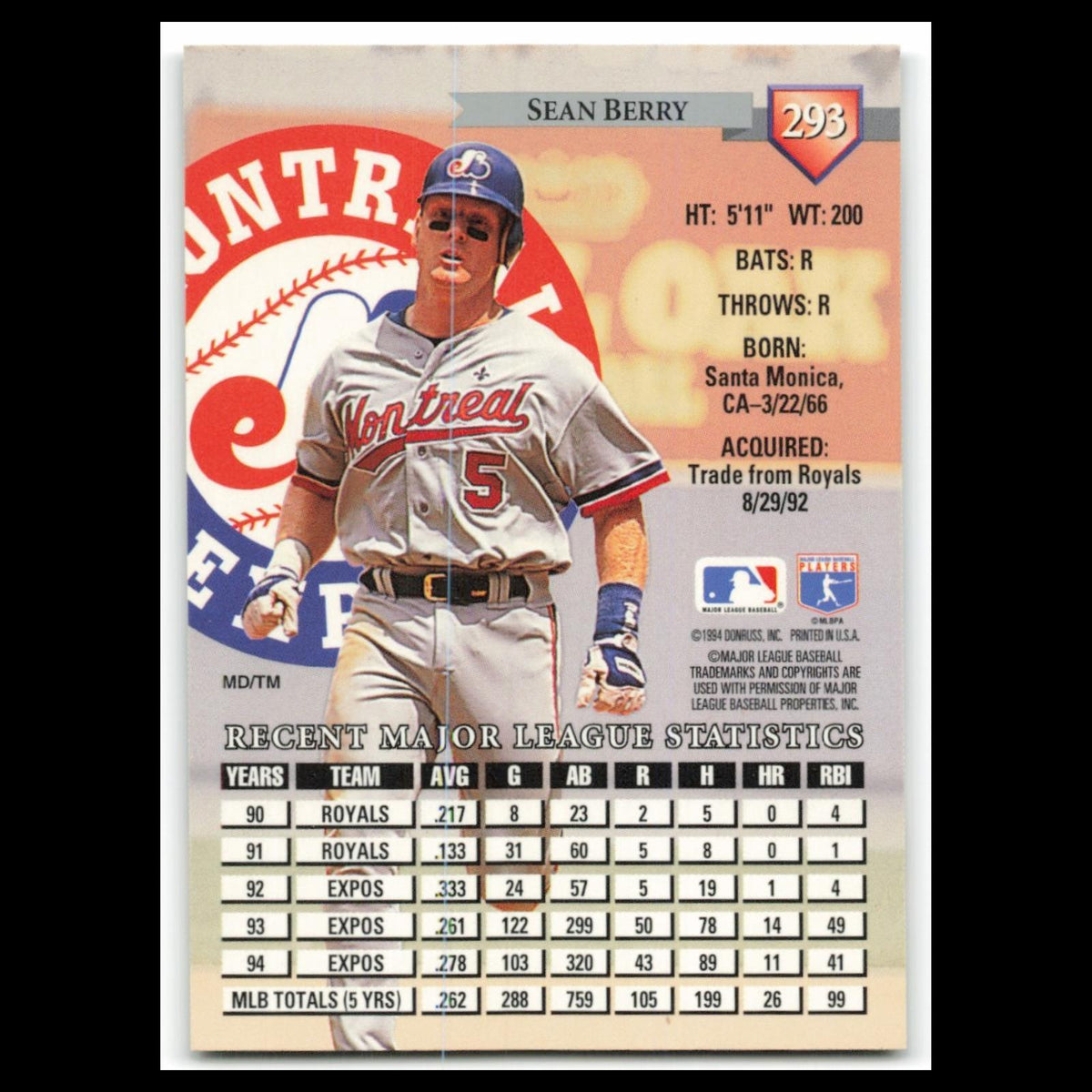 Sean Berry #293 1995 Donruss Montreal Expos Baseball Card MLB NM