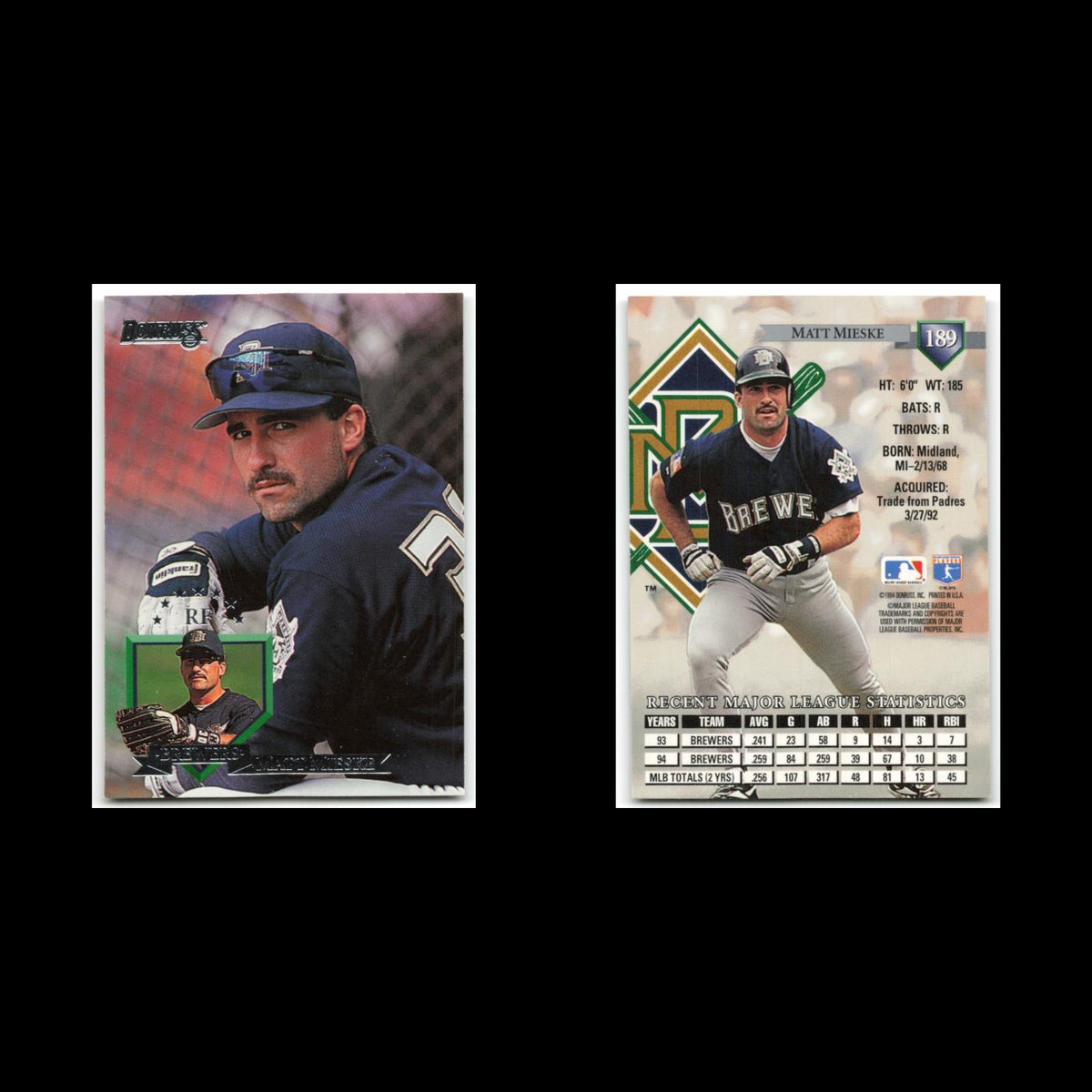 Matt Mieske #189 1995 Donruss Milwaukee Brewers Baseball Card MLB NM