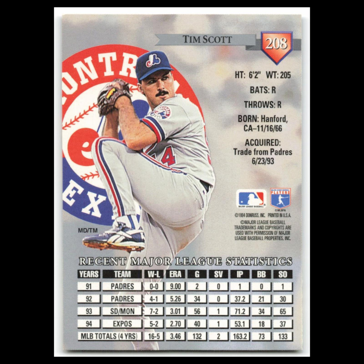 Tim Scott #208 1995 Donruss Montreal Expos Baseball Card MLB NM