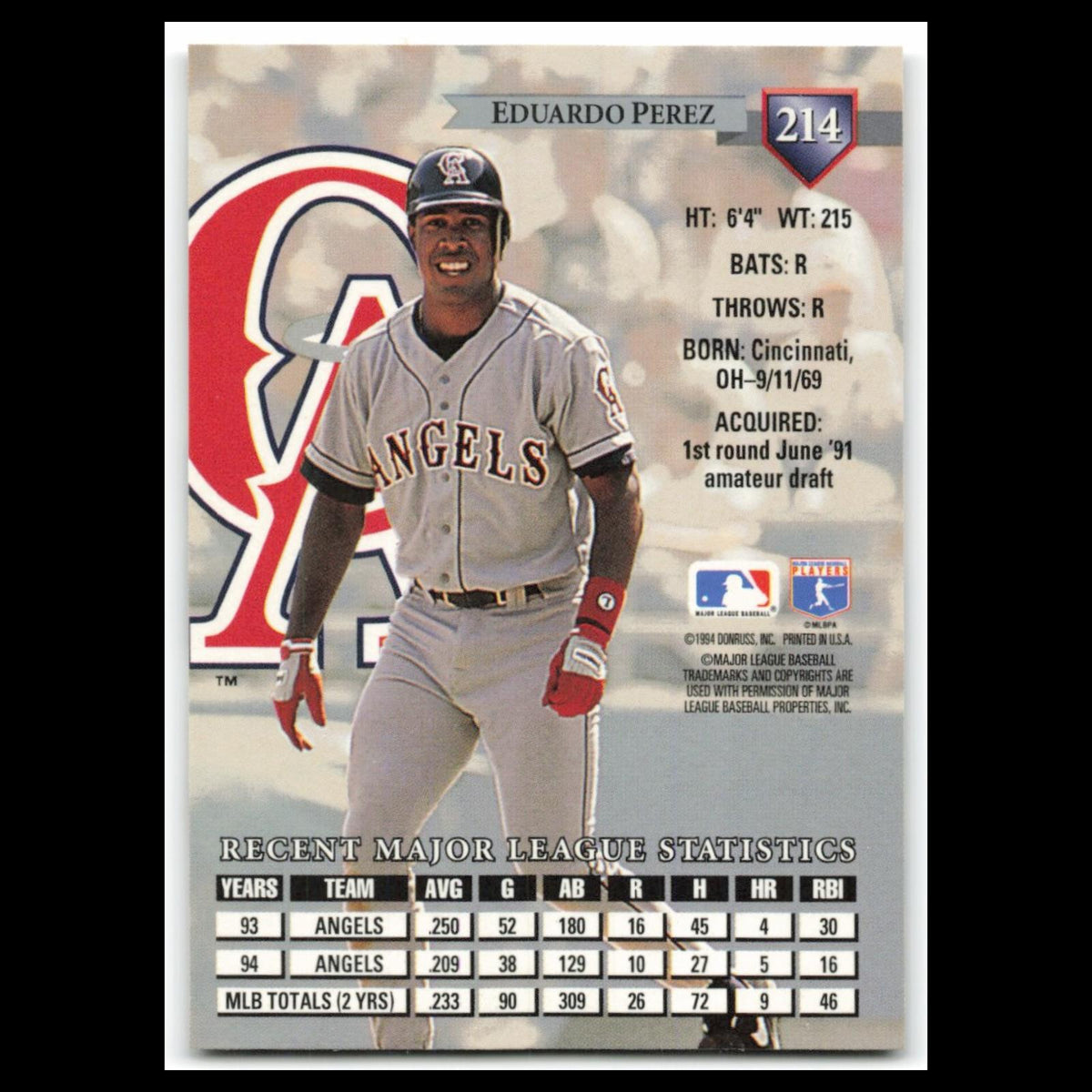 Eduardo Perez #214 1995 Donruss California Angels Baseball Card MLB NM