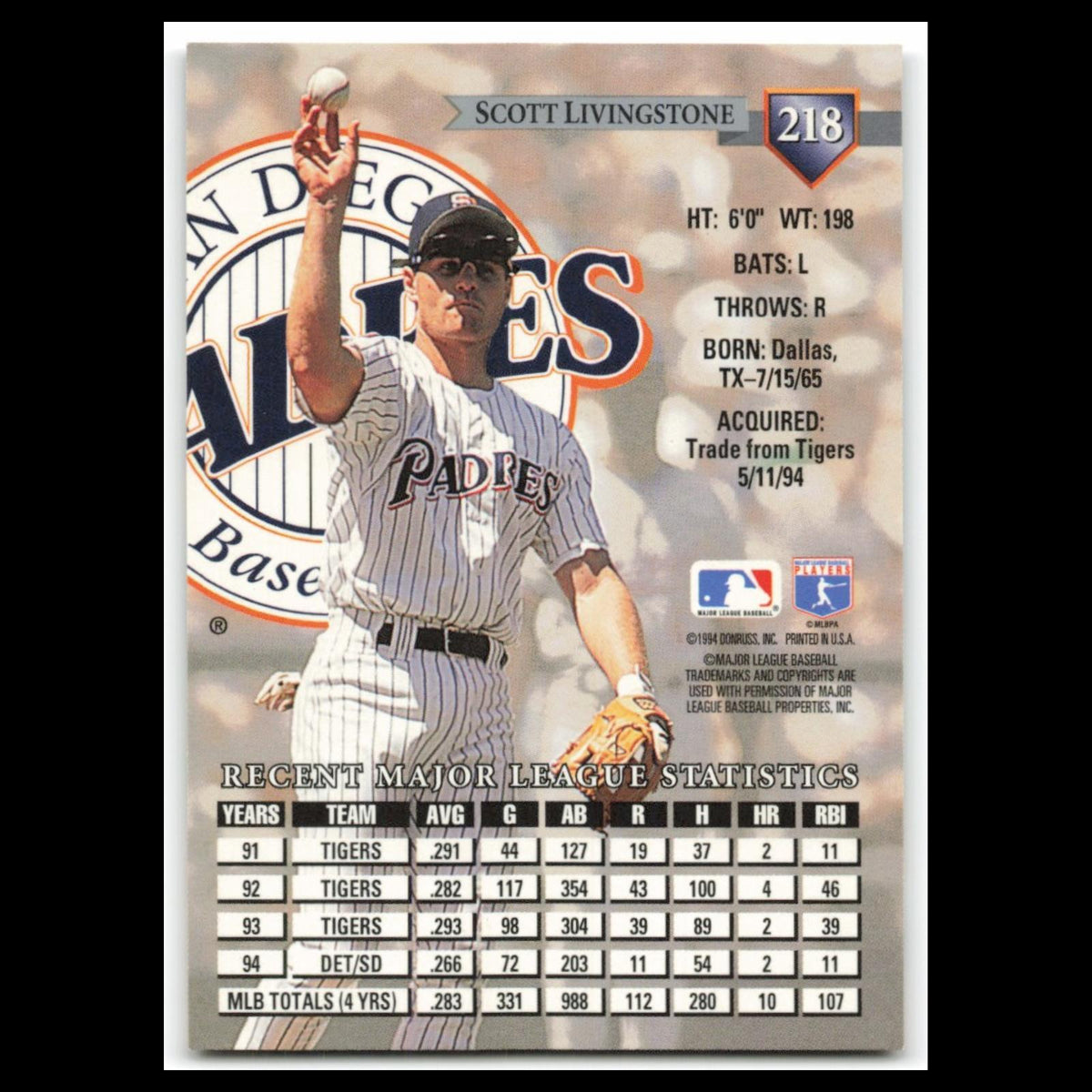 Scott Livingstone #218 1995 Donruss San Diego Padres Baseball Card MLB NM