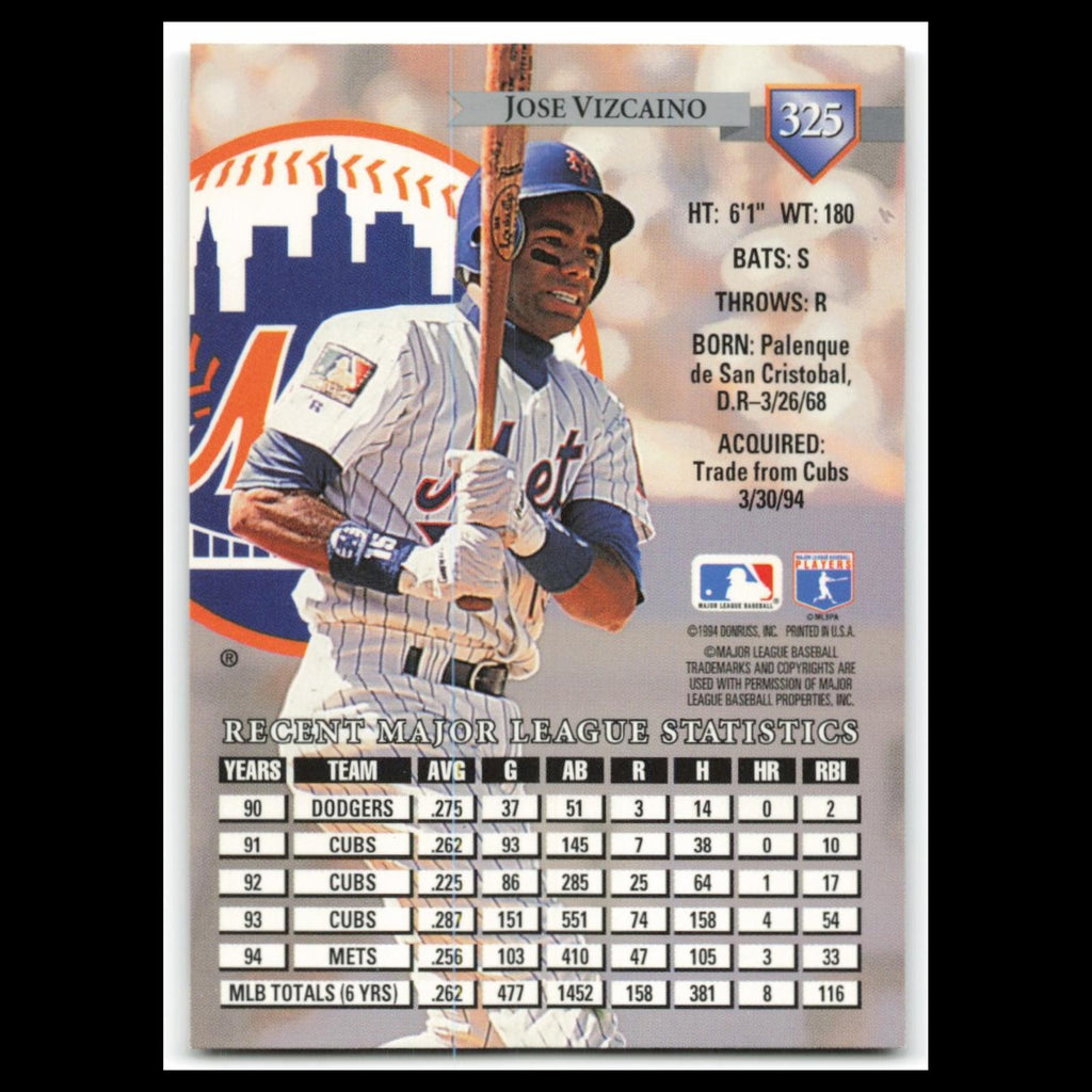 Jose Vizcaino #325 1995 Donruss New York Mets Baseball Card MLB NM