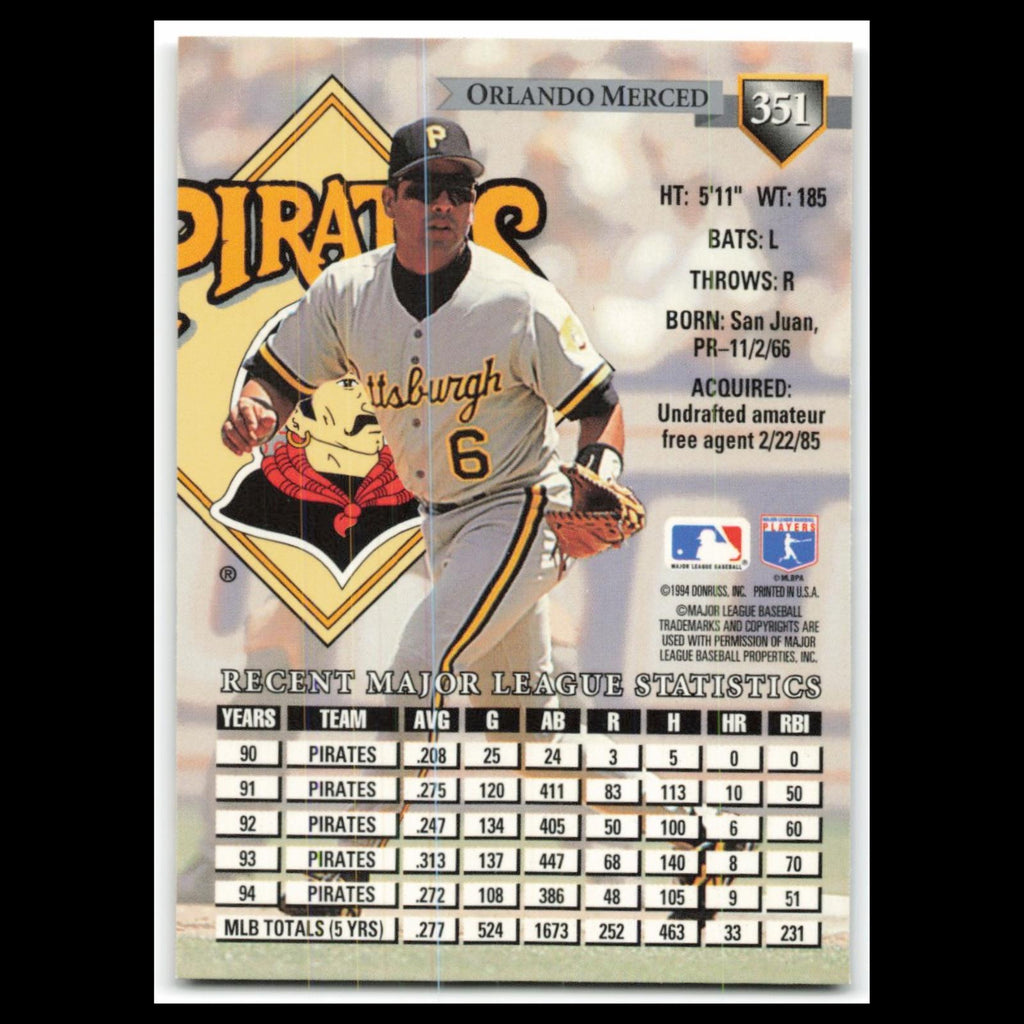 Orlando Merced #351 1995 Donruss Pittsburgh Pirates Baseball Card MLB NM