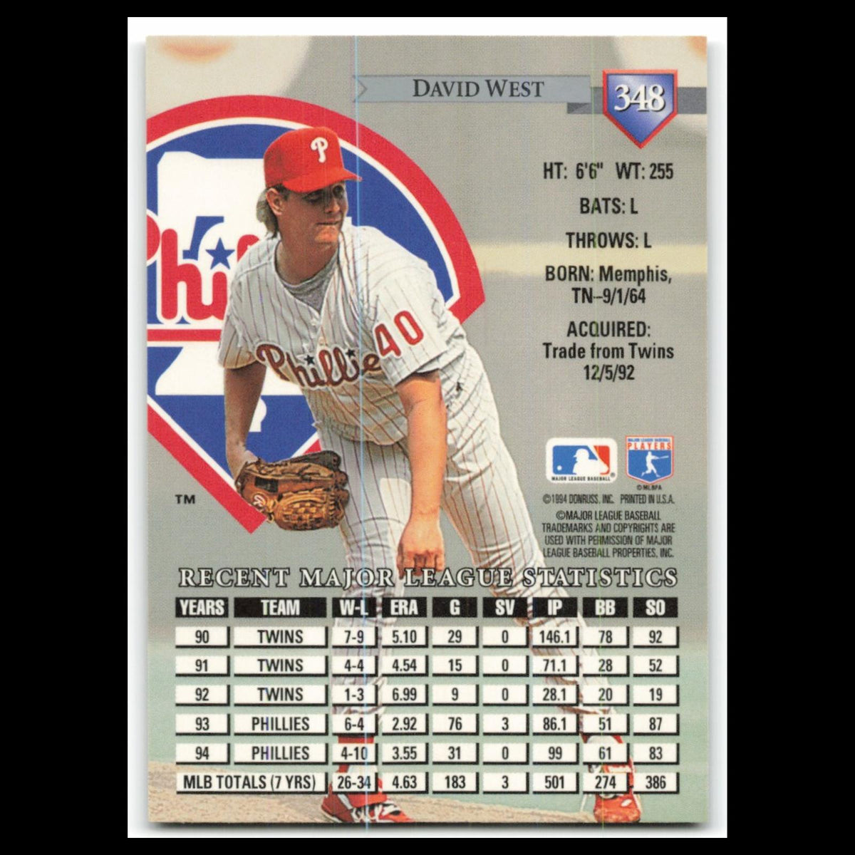 David West #348 1995 Donruss Philadelphia Phillies Baseball Card MLB NM