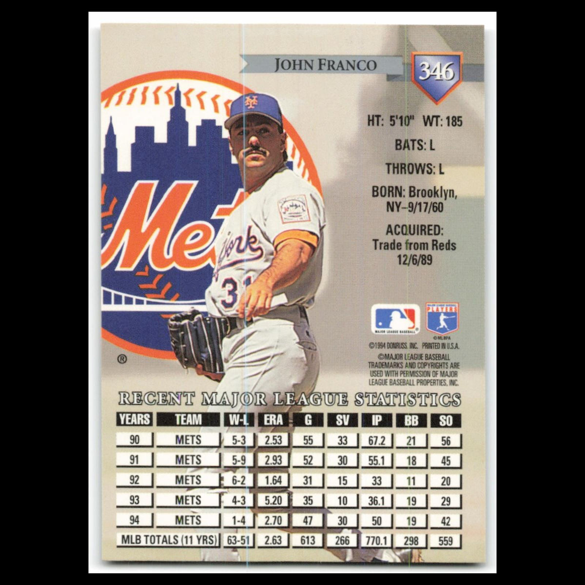 John Franco #346 1995 Donruss New York Mets Baseball Card MLB NM