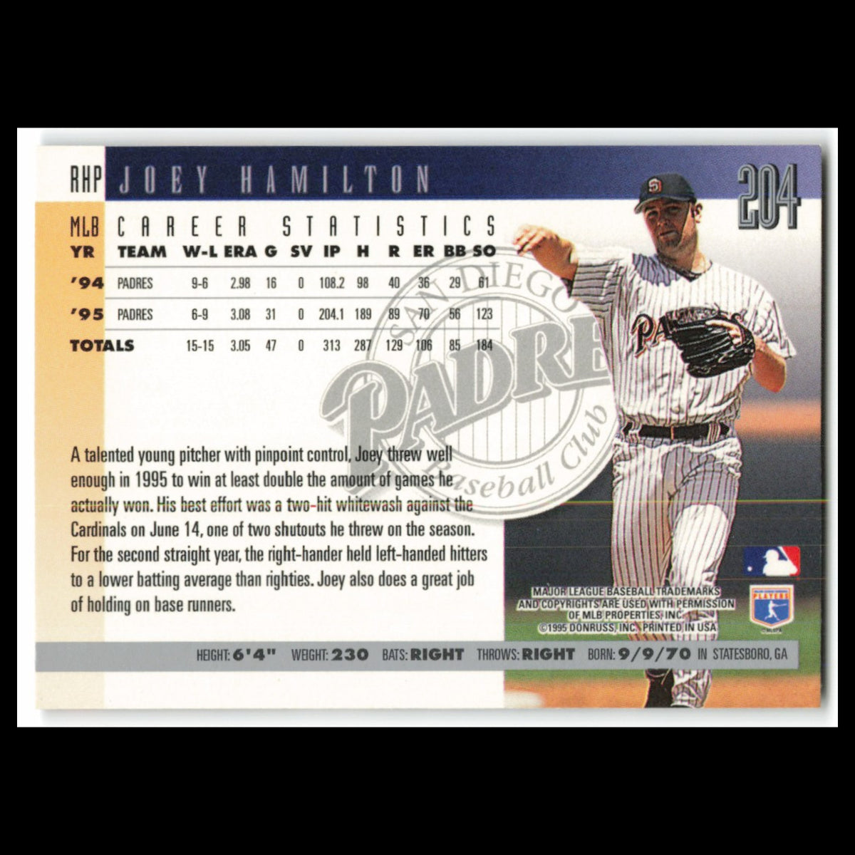 Joey Hamilton #204 1996 Donruss San Diego Padres Baseball Card MLB NM