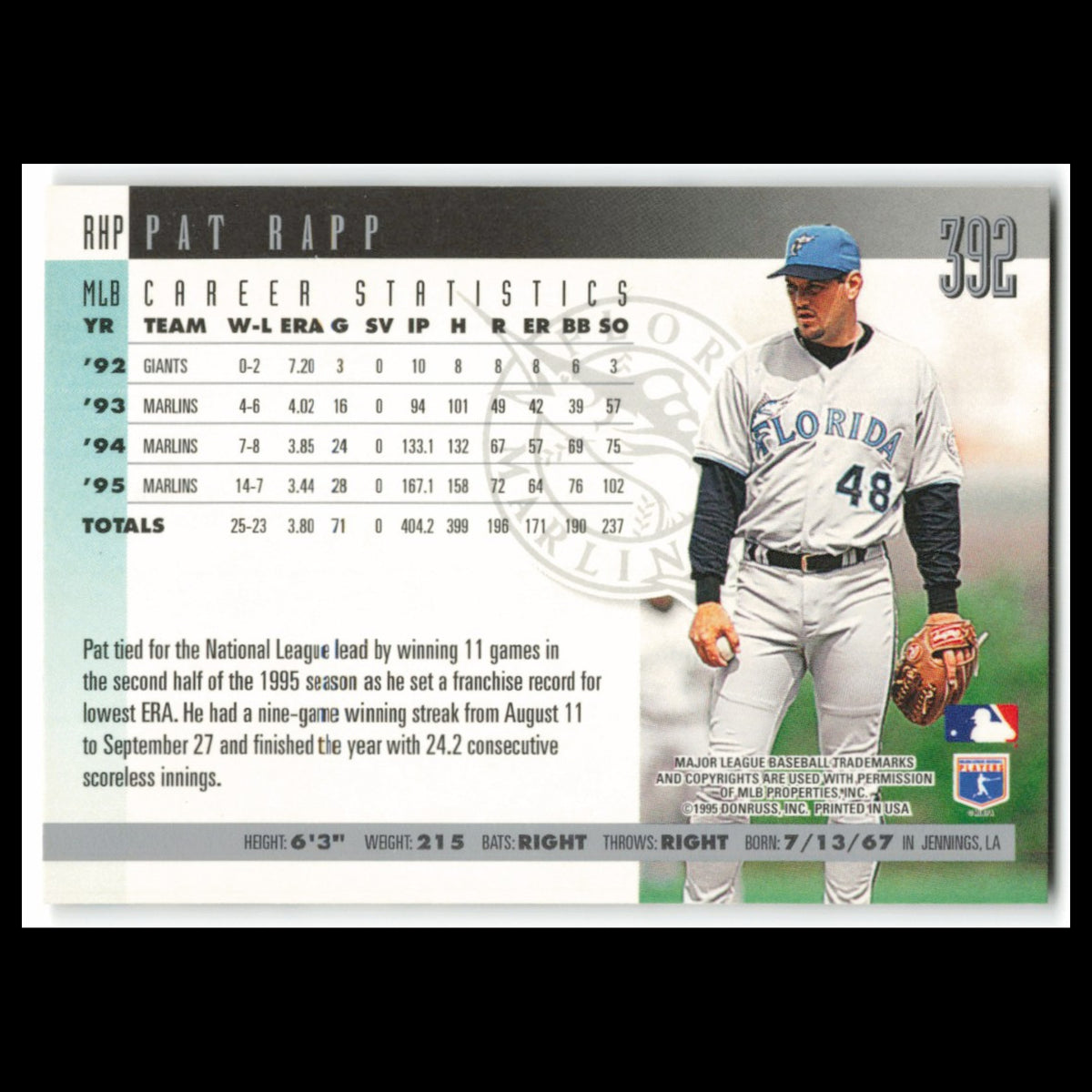 Pat Rapp #392 1996 Donruss Florida Marlins Baseball Card MLB NM