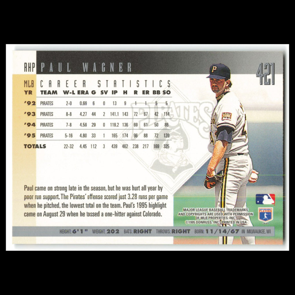Paul Wagner #421 1996 Donruss Pittsburgh Pirates Baseball Card MLB NM