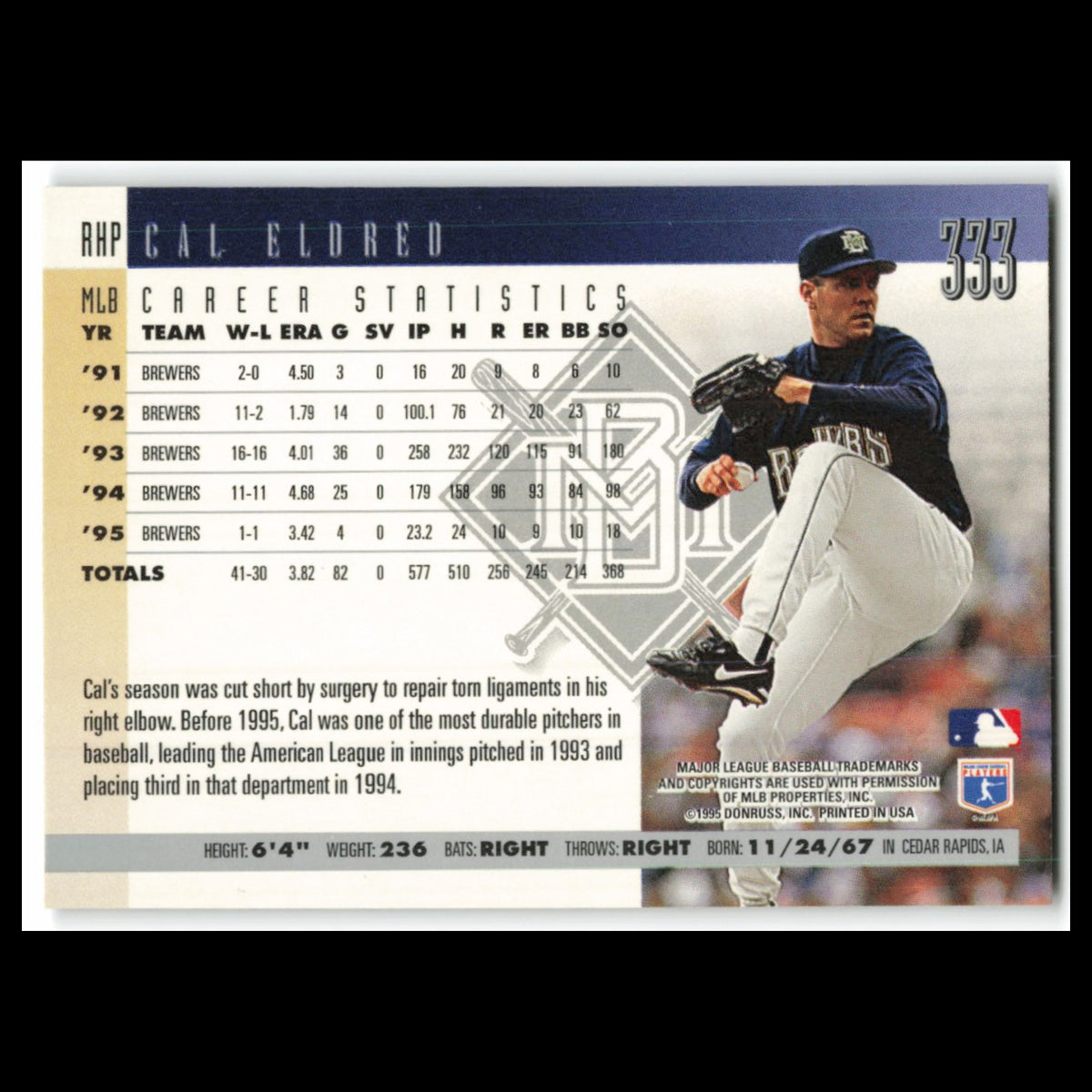 Cal Eldred #333 1996 Donruss Milwaukee Brewers Baseball Card MLB NM