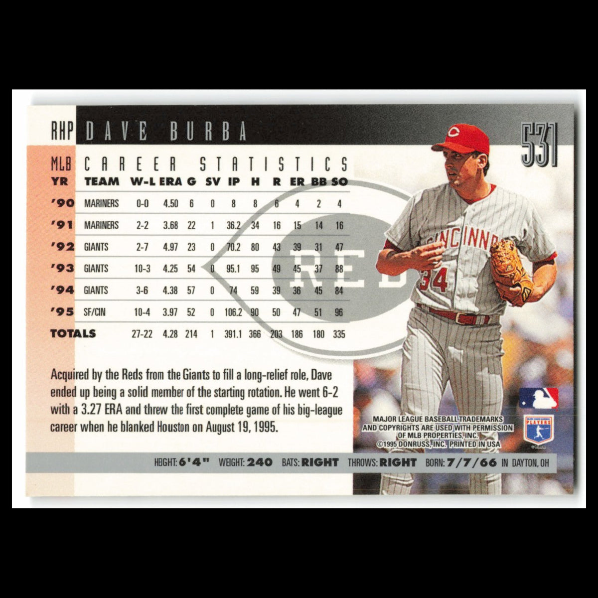 Dave Burba #531 1996 Donruss Cincinnati Reds Baseball Card MLB NM
