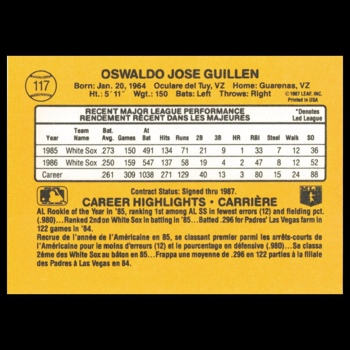 Ozzie Guillen #117 1987 Leaf Chicago White Sox Baseball Card MLB NM
