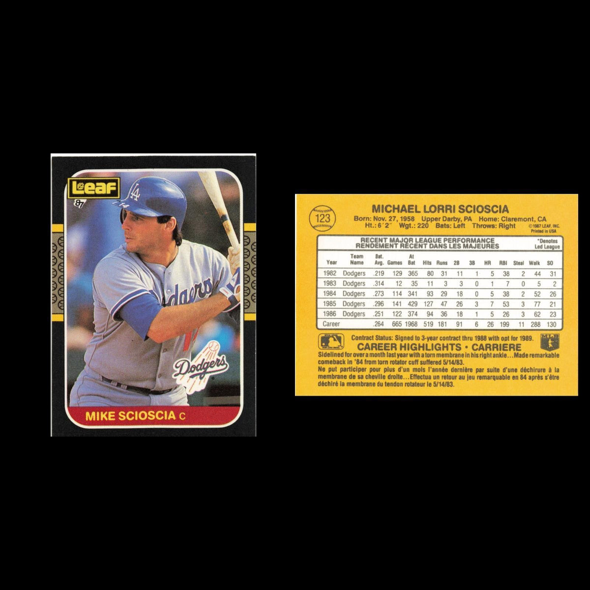 Mike Scioscia #123 1987 Leaf Los Angeles Dodgers Baseball Card MLB NM