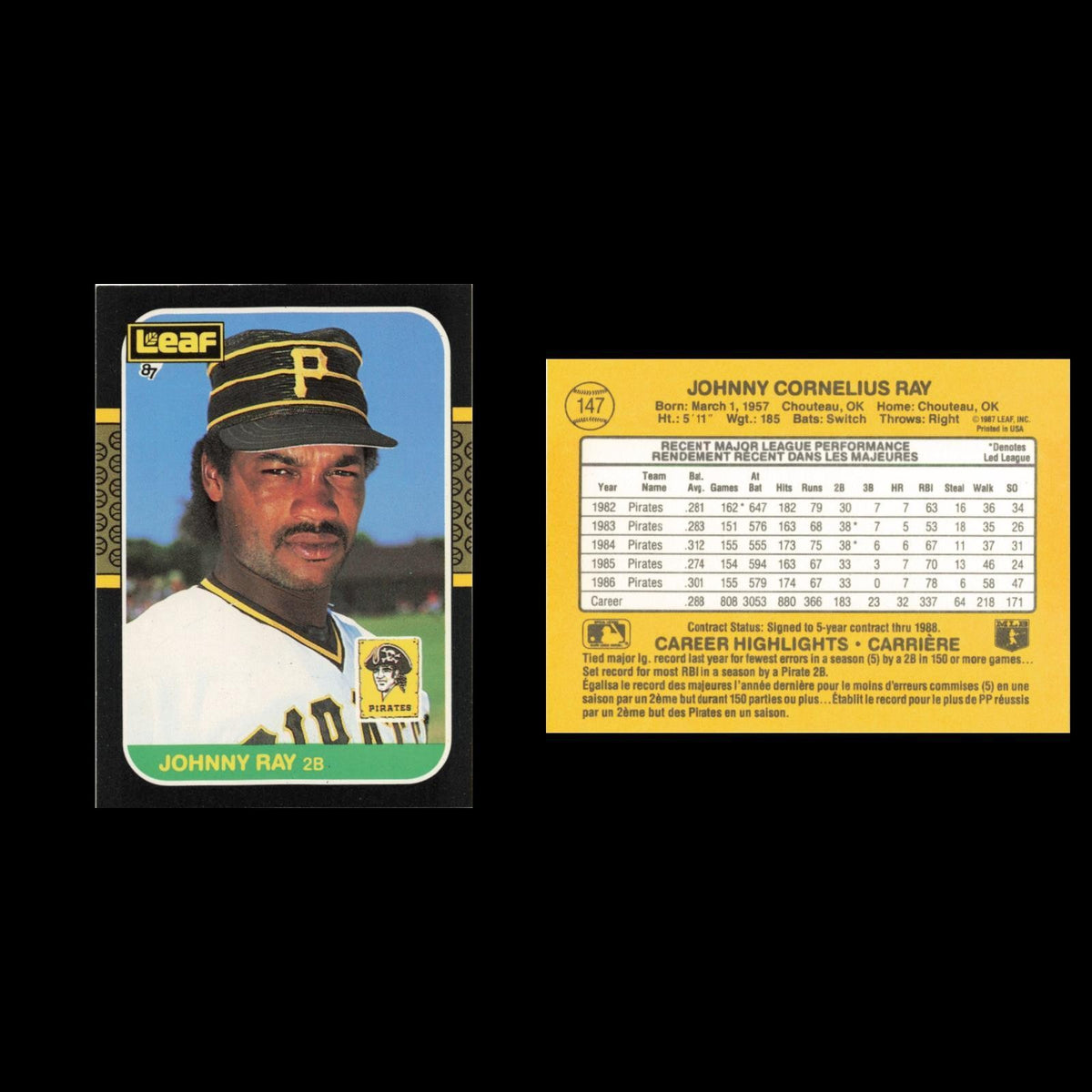 Johnny Ray #147 1987 Leaf Pittsburgh Pirates Baseball Card MLB NM