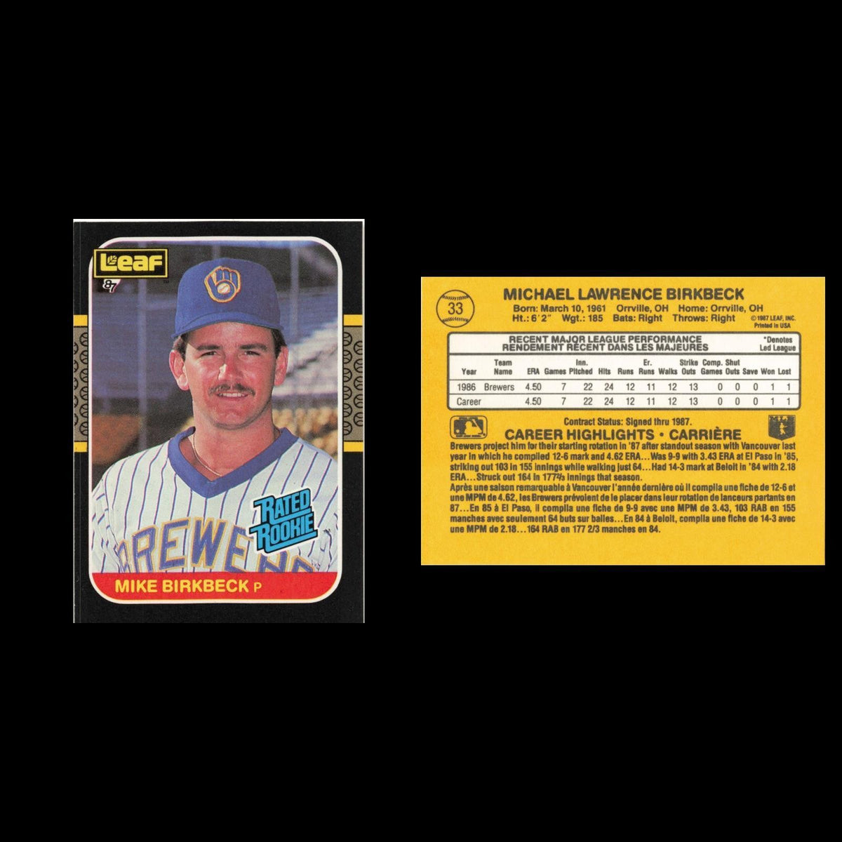 Mike Birkbeck Rookie #33 1987 Leaf Milwaukee Brewers Baseball Card MLB NM