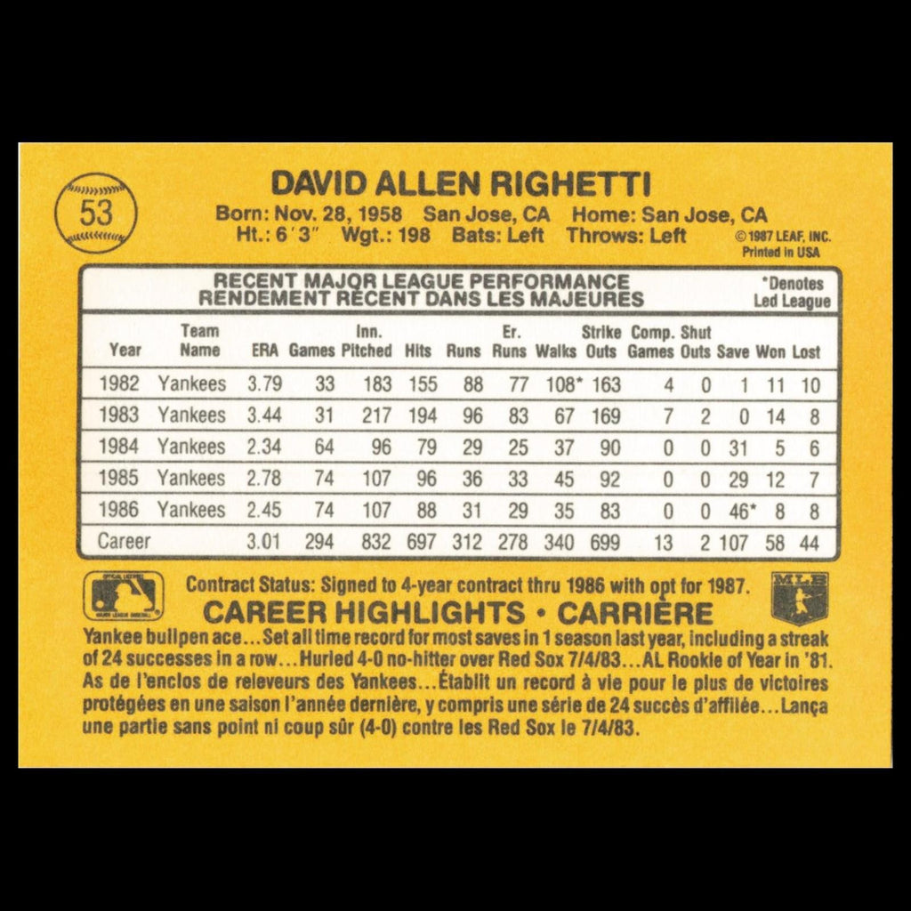 Dave Righetti #53 1987 Leaf New York Yankees Baseball Card MLB NM