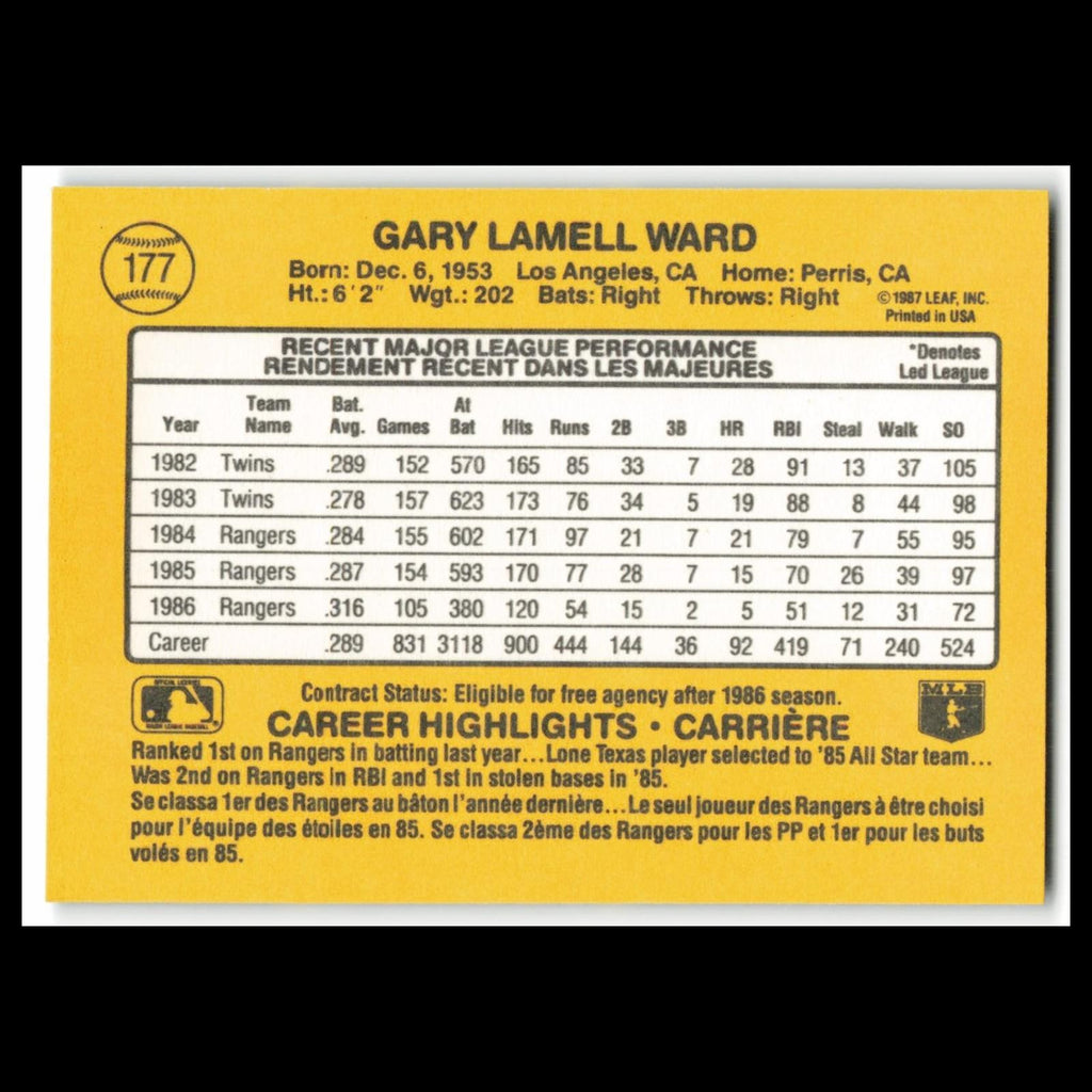 Gary Ward #177 1987 Leaf Texas Rangers Baseball Card MLB NM