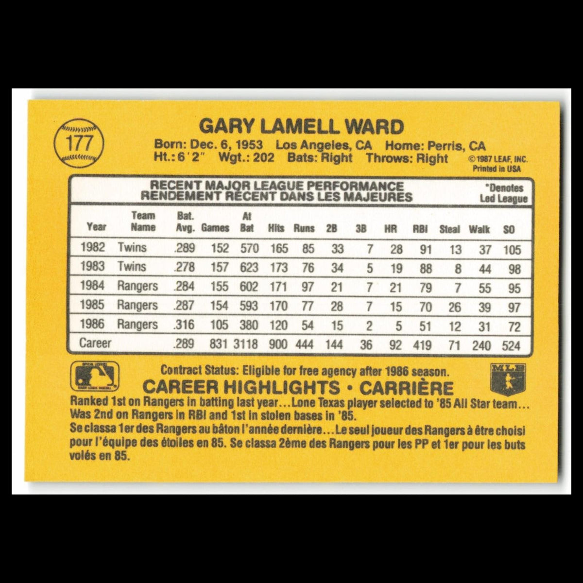 Gary Ward #177 1987 Leaf Texas Rangers Baseball Card MLB NM