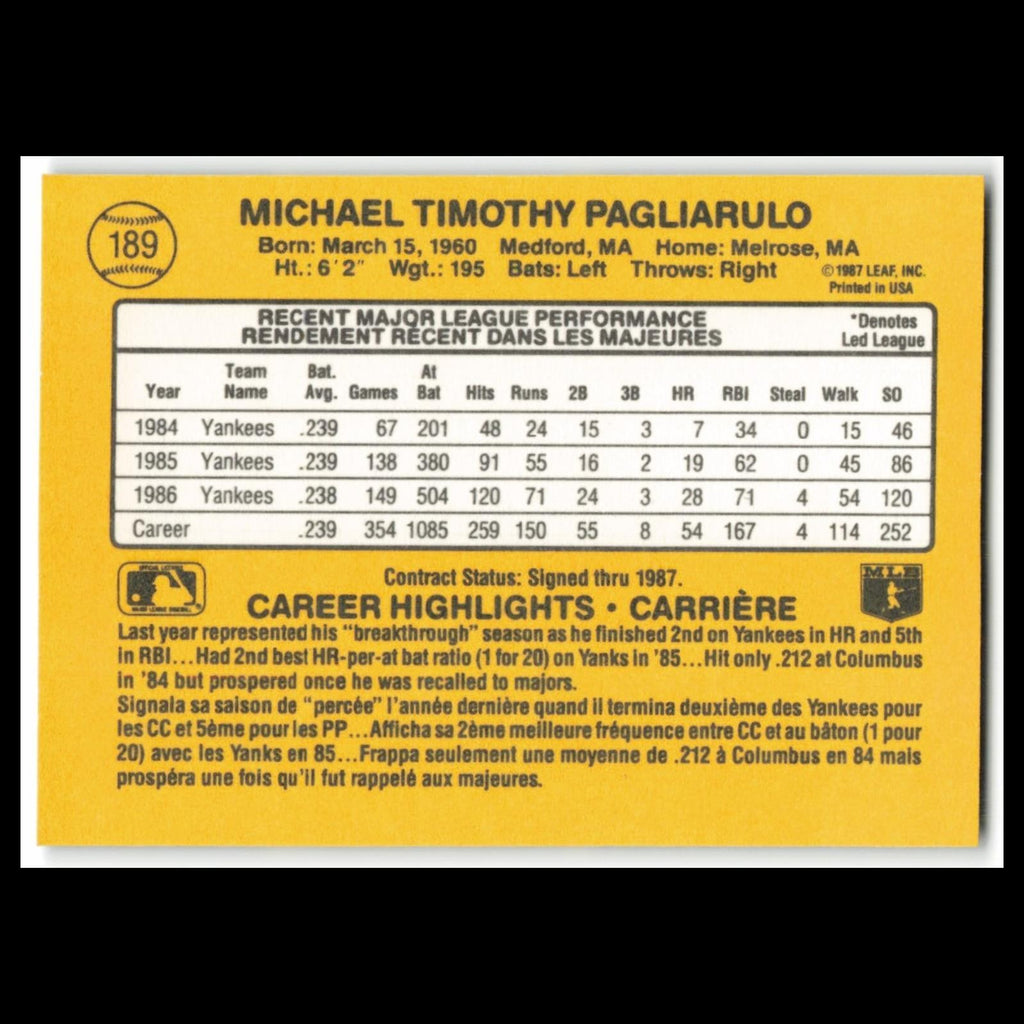 Mike Pagliarulo #189 1987 Leaf New York Yankees Baseball Card MLB NM