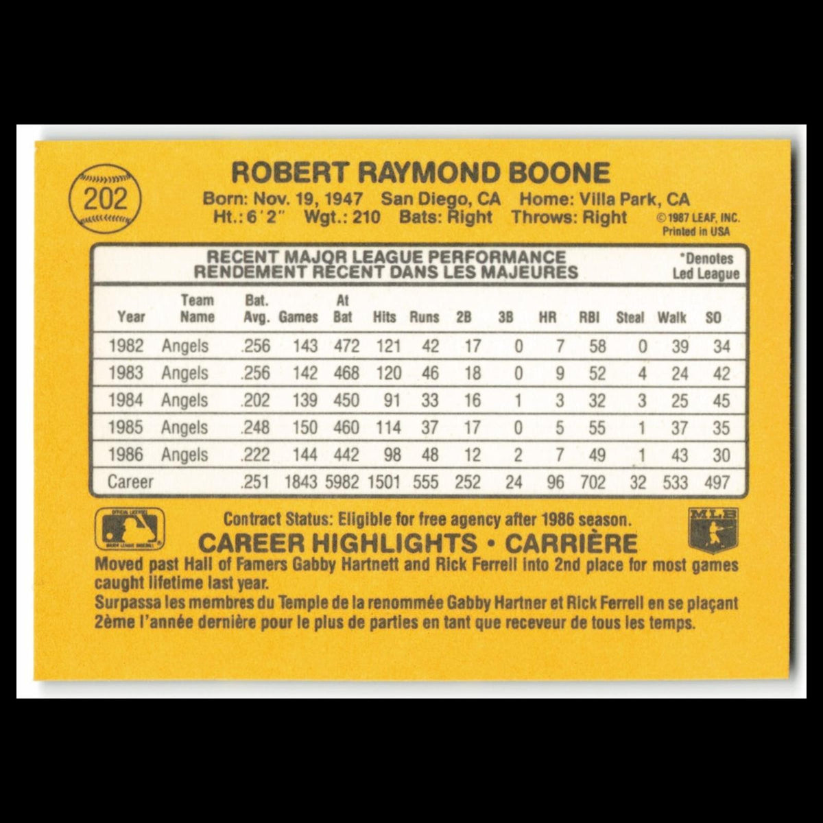 Bob Boone #202 1987 Leaf California Angels Baseball Card MLB NM