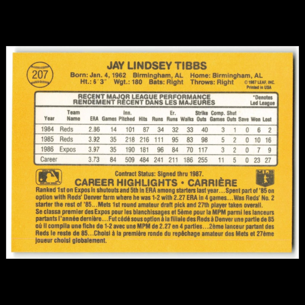Jay Tibbs #207 1987 Leaf Montreal Expos Baseball Card MLB NM