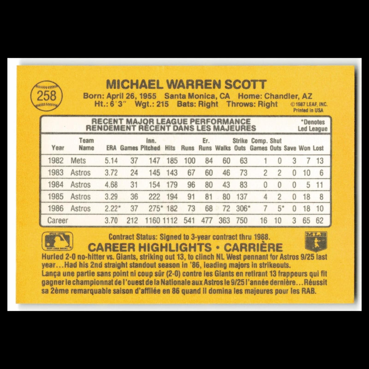 Mike Scott #258 1987 Leaf Houston Astros Baseball Card MLB NM