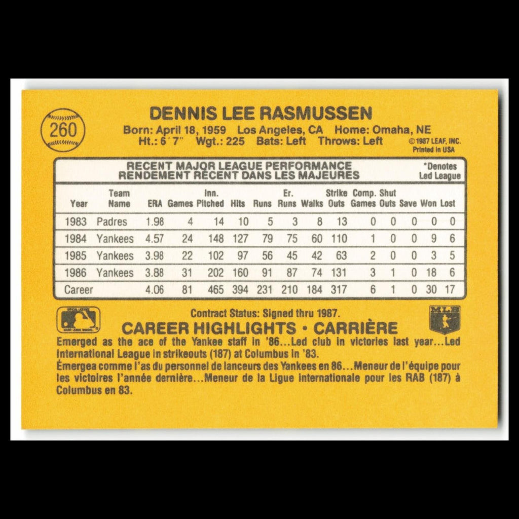 Dennis Rasmussen #260 1987 Leaf New York Yankees Baseball Card MLB NM