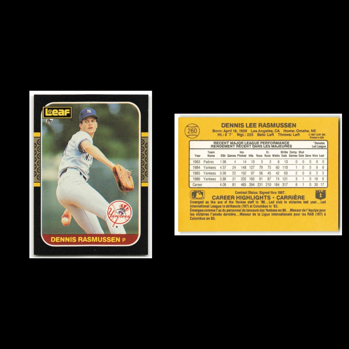 Dennis Rasmussen #260 1987 Leaf New York Yankees Baseball Card MLB NM