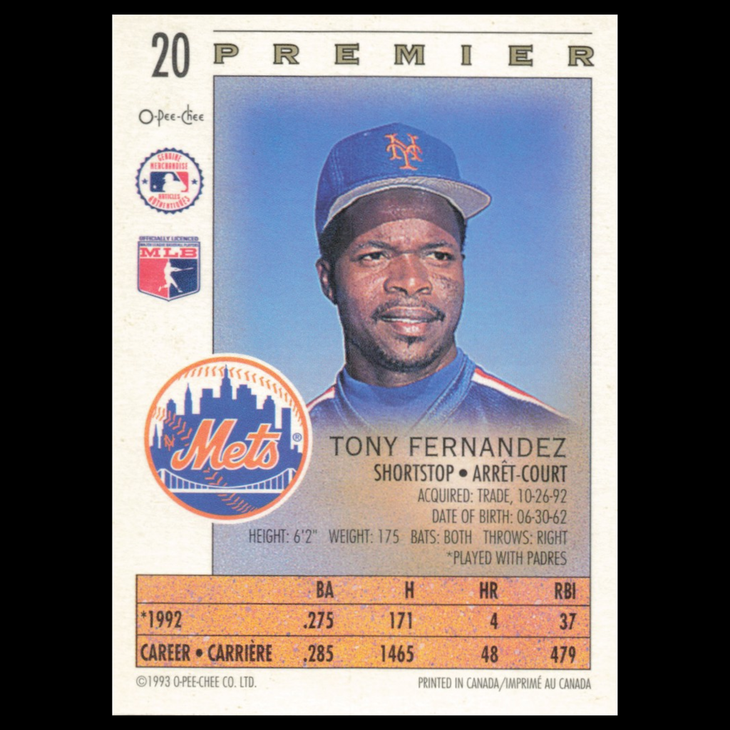 Tony Fernandez #20 1993 O-Pee-Chee Premier New York Mets Baseball Card MLB NM