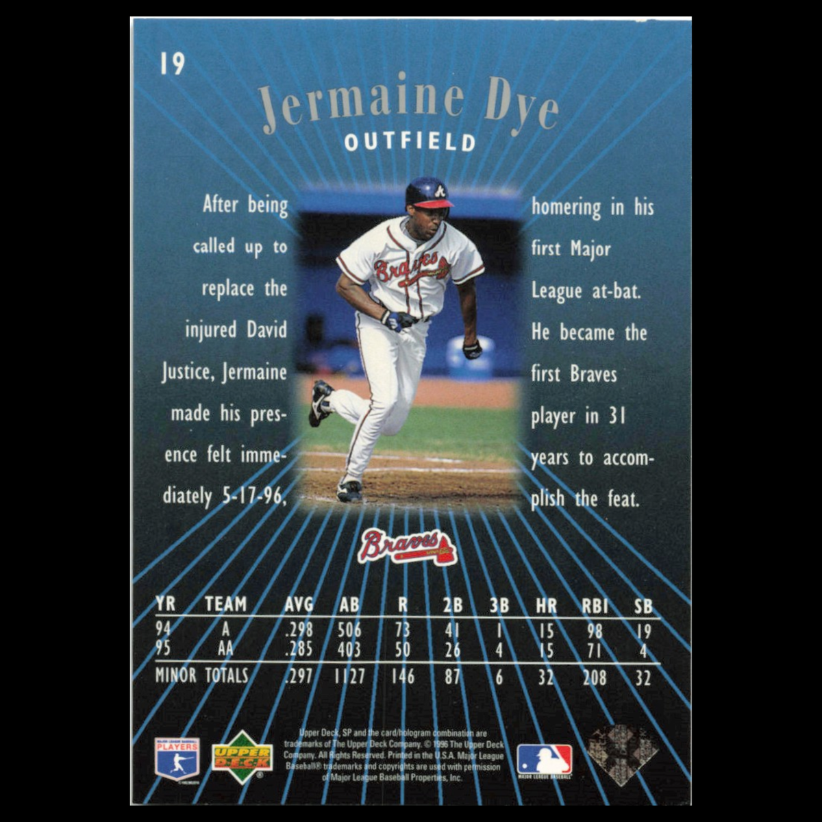Jermaine Dye Rookie #19 1996 Upper Deck SP Atlanta Braves Baseball Card MLB NM