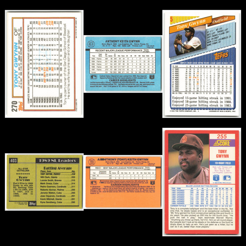 Tony Gwynn Lot 6 Baseball Cards 1992 Topps San Diego Padres Set Collection MLB