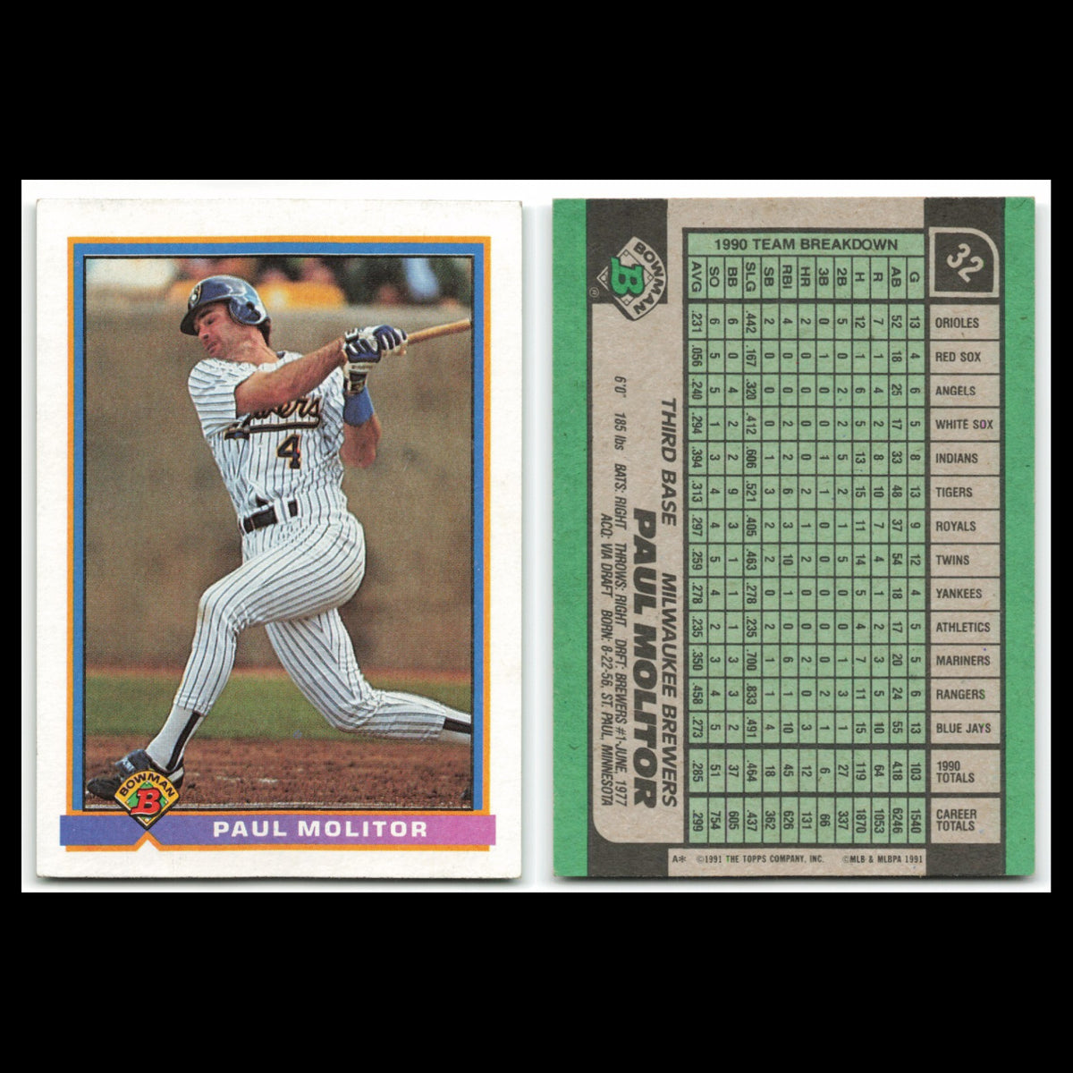 Paul Molitor Lot 6 Baseball Cards 1991 Bowman Milwaukee Brewers Set Collection