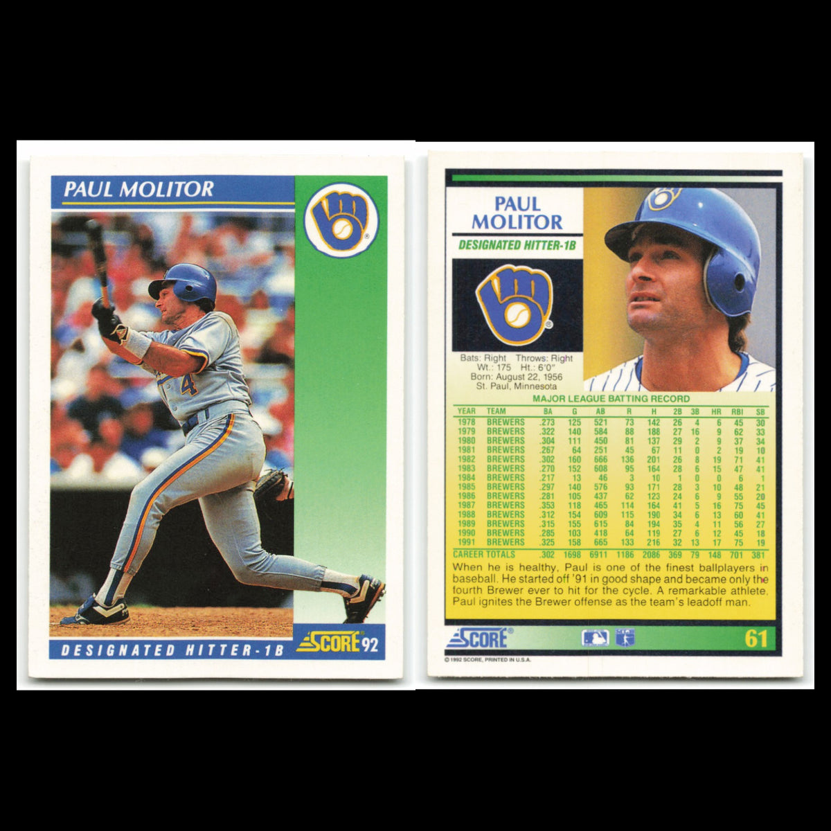 Paul Molitor Lot 6 Baseball Cards 1992 Triple Play Milwaukee Brewers Set MLB NM