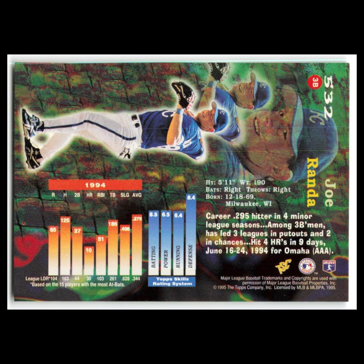 Joe Randa #532 1995 Topps Stadium Club Kansas City Royals Baseball Card MLB NM