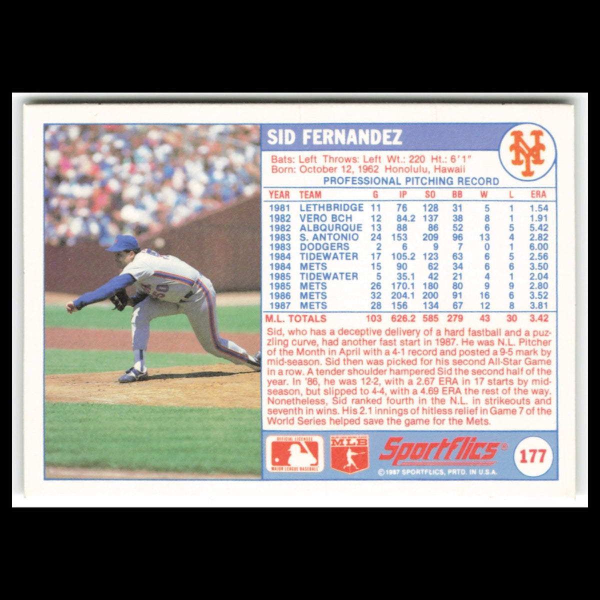 Sid Fernandez #177 1988 Sportflics New York Mets Baseball Card MLB NM