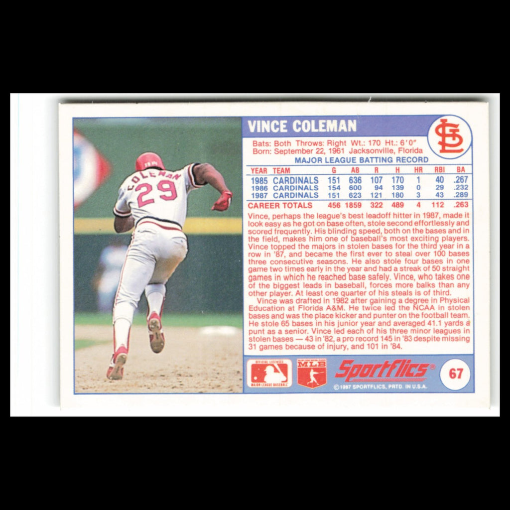 Vince Coleman #67 1988 Sportflics St. Louis Cardinals Baseball Card MLB NM
