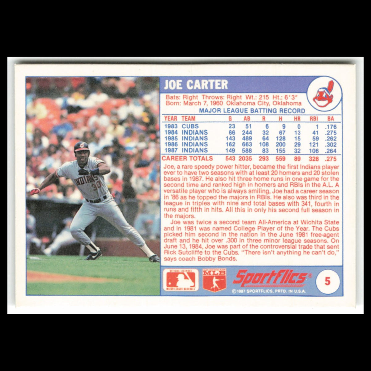 Joe Carter #5 1988 Sportflics Cleveland Indians Baseball Card MLB NM