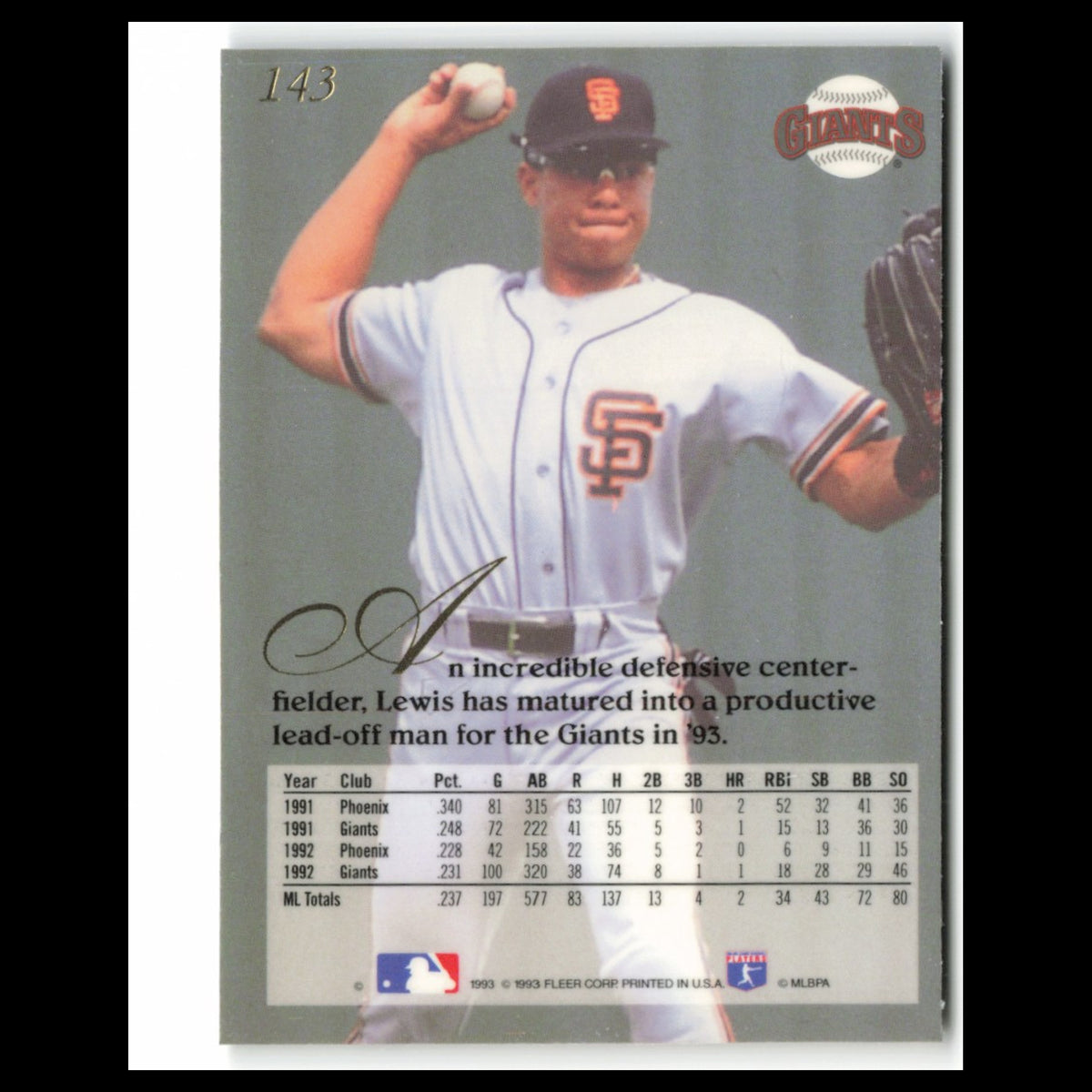 Darren Lewis #143 1993 Flair San Francisco Giants Baseball Card MLB NM