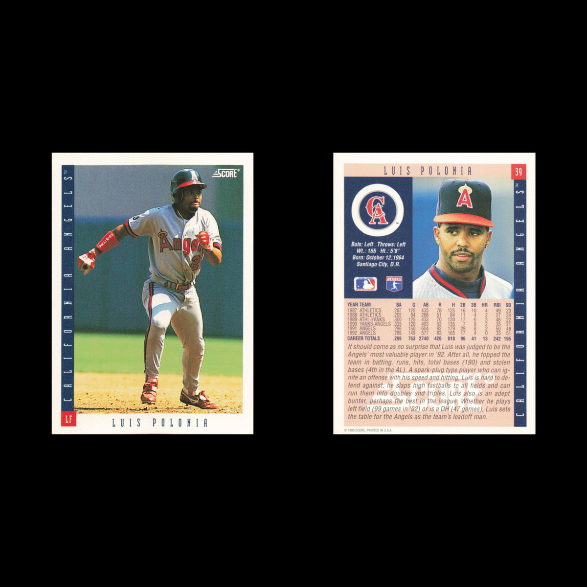Luis Polonia #39 1993 Score California Angels Baseball Card MLB NM