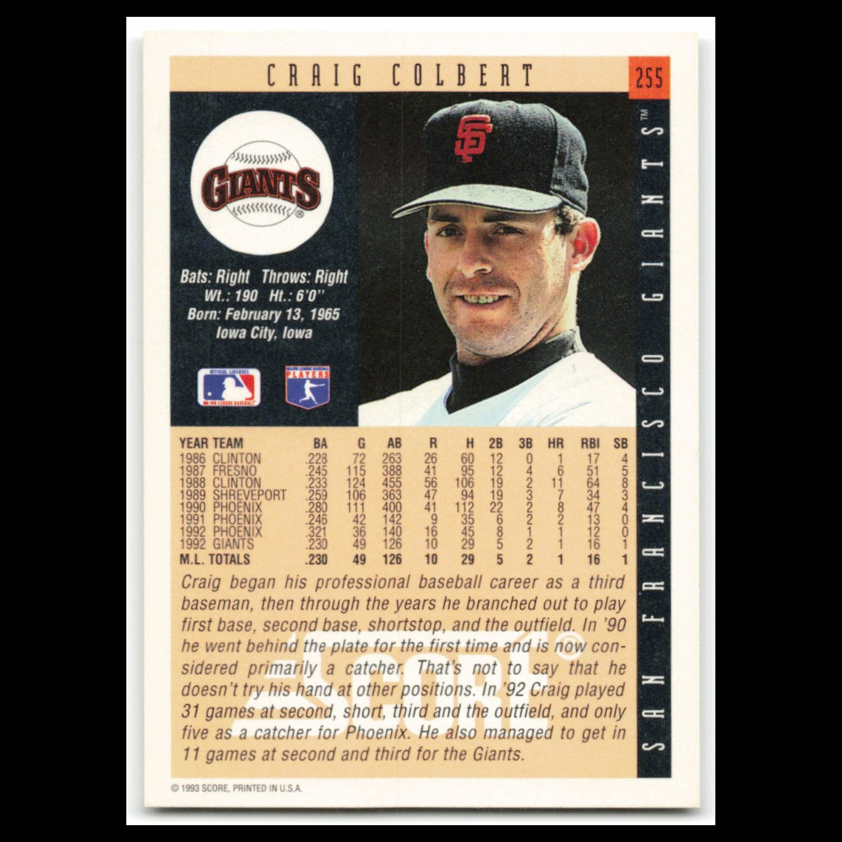 Craig Colbert Rookie #255 1993 Score San Francisco Giants Baseball Card MLB NM