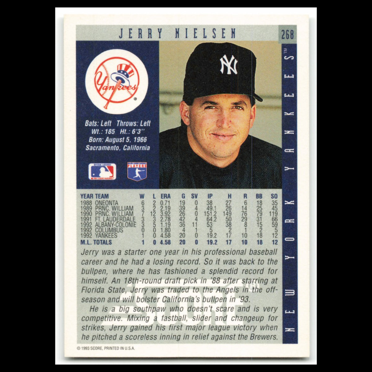 Jerry Nielsen Rookie #268 1993 Score New York Yankees Baseball Card MLB NM