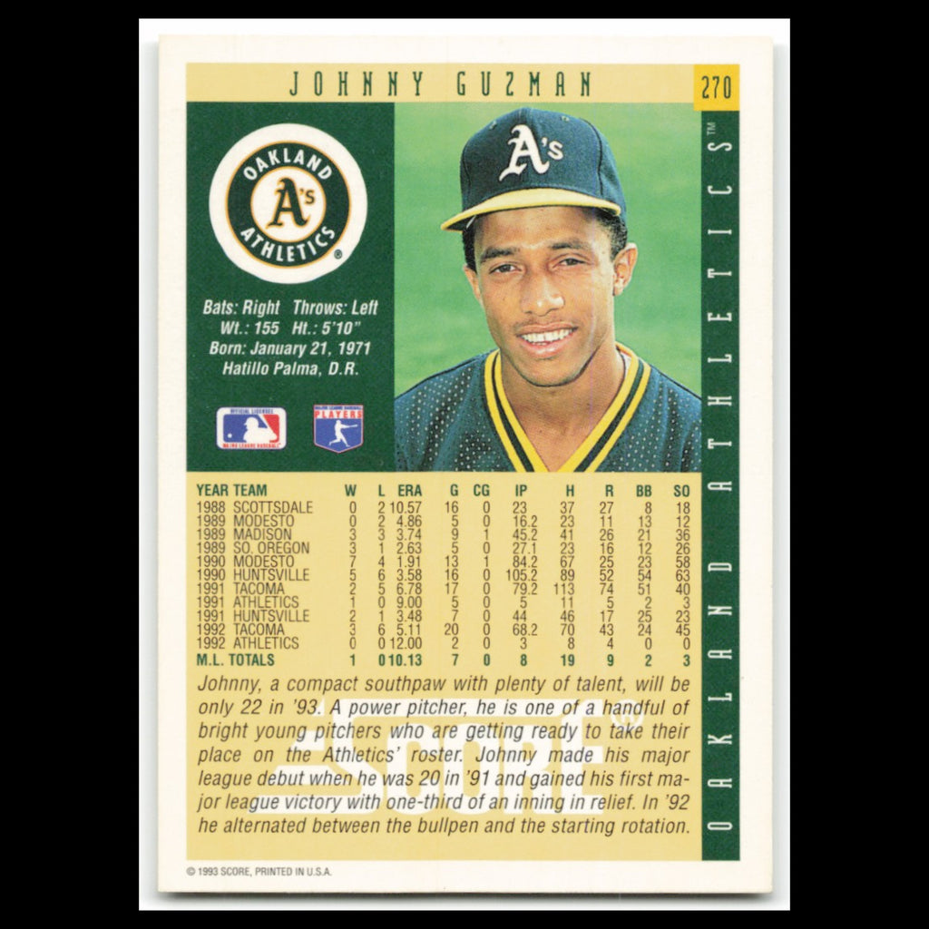 Johnny Guzman Rookie #270 1993 Score Oakland Athletics Baseball Card MLB NM
