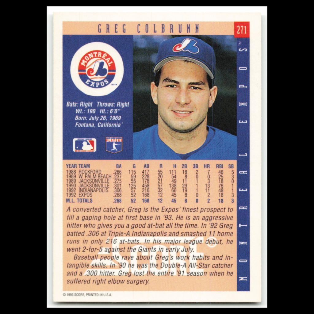 Greg Colbrunn Rookie #271 1993 Score Montreal Expos Baseball Card MLB NM